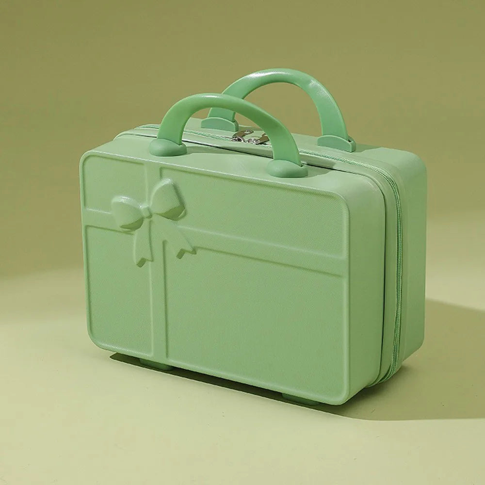 New Bow Embossed Design Makeup Case Solid Color 14 Inch Luggage Mini Portable Hand Suitcase Cosmetic Storage Box For Women