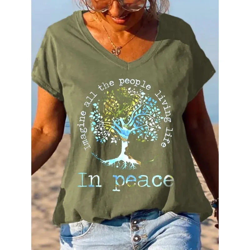 Women's Short Sleeve T-Shirts Casual V Neck T Shirt Summer Hippie Styel Tops Summer Beach Print Tees