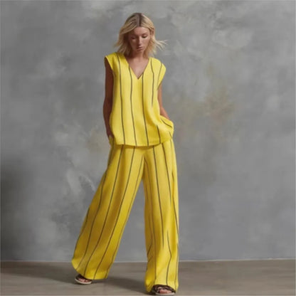 Black White Vertical Striped Loose Top+Wide Leg Pants Two-piece Summer Women's Loose Cotton Linen Trousers Set Костюм Женский