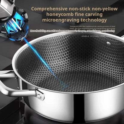 410 Stainless Steel Soup Pot Wok Frying Pan Honeycomb Non-stick Pan with Lid Home Hot Pan Induction Cooker Gas Stove Universal