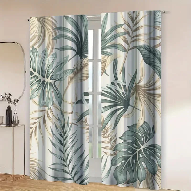 2pcs Tropical Leaf Sheer Curtains – Grey Voile Panels with Green & Brown Monstera Print, Nature-Inspired Light Filtering Drapes