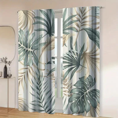 2pcs Tropical Leaf Sheer Curtains – Grey Voile Panels with Green & Brown Monstera Print, Nature-Inspired Light Filtering Drapes