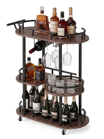 3 Tier Rolling Bar Cart With Wine Rack & Glass Holder, Metal Kitchen Coffee Cart On Wheels, Mobile Serving Cart For Dining Room