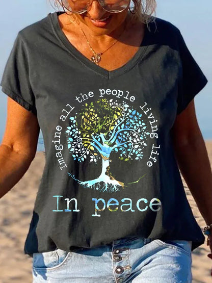 Women's Short Sleeve T-Shirts Casual V Neck T Shirt Summer Hippie Styel Tops Summer Beach Print Tees