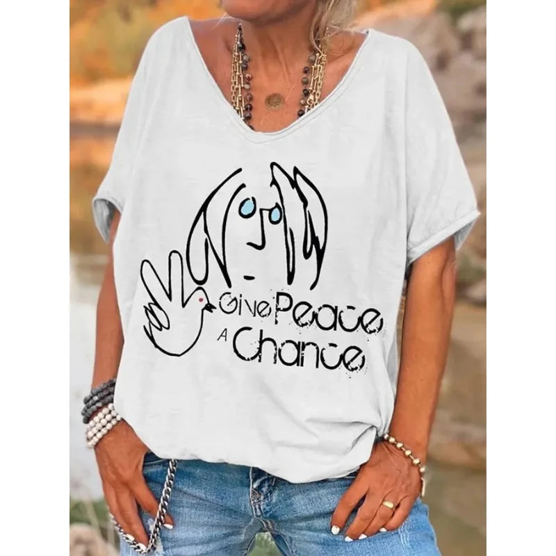 ilstile Hippie Women's V Neck Print T-Shirt Summer Short Sleeve Tops Female clothing Casual Loose Tees