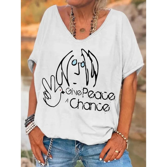 ilstile Hippie Women's V Neck Print T-Shirt Summer Short Sleeve Tops Female clothing Casual Loose Tees