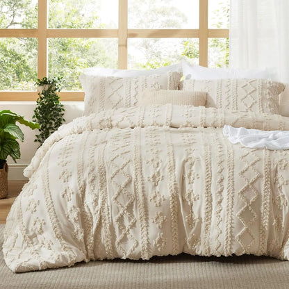 Bedsure Tufted Boho Comforter Set Queen Size - Beige Boho Bed Set, GentleSoft™ 3 Pieces Farmhouse Shabby Chic Embroidery