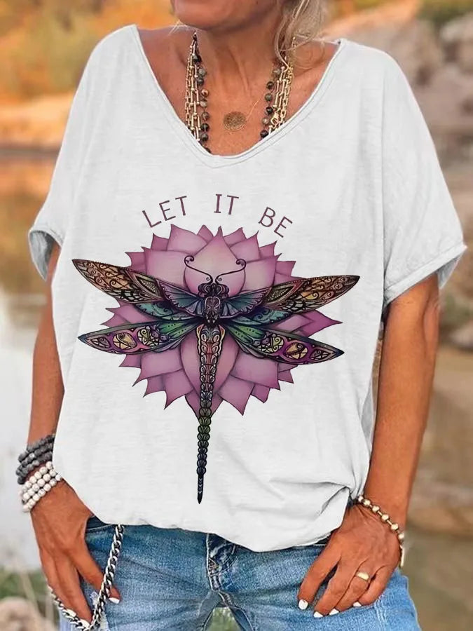 ilstile  Hippie Let It Be Dragonfly Print T-Shirts Women's V Neck T Shirt Short Sleeve Tops Casual Tees Fashion Female clothing