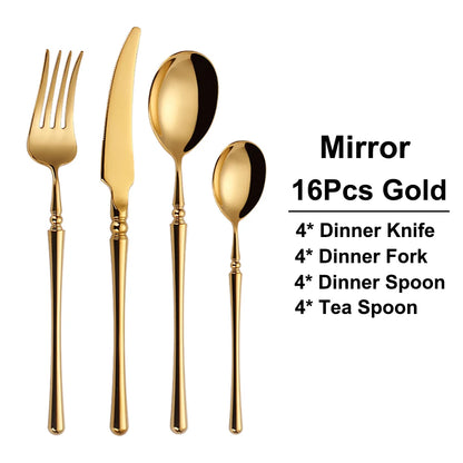 6/16/24/30Pcs Gold Tableware Stainless Steel 304 Cutlery Set Mirror Dinnerware Wedding Gift Hotel Home Dinner Party Flatware