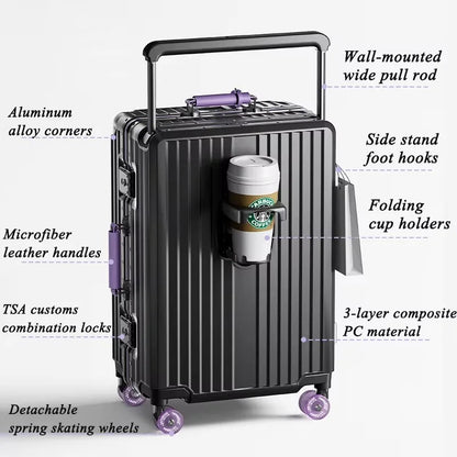 BunnyFly Wide Handlebar Travel Trolley Suitcase with Colorful Silent Wheels TSA Lock Rolling Luggage Large Capacity PC Material