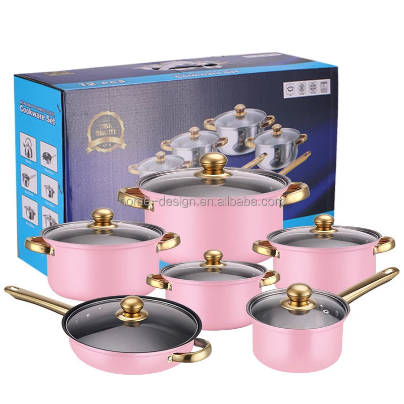 12-Piece Anti-Rust Stainless Steel Cookware Set Non-Stick Kitchenware Including Fry Pan and Cooking Pot for Kitchen Use