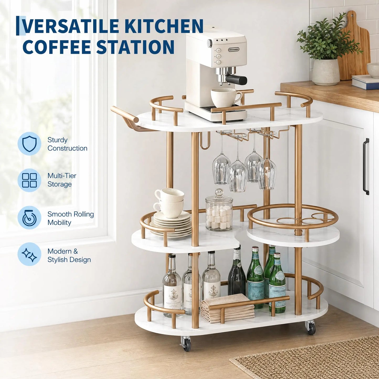 3 Tier Rolling Bar Cart With Wine Rack & Glass Holder, Metal Kitchen Coffee Cart On Wheels, Mobile Serving Cart For Dining Room