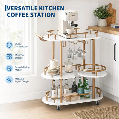 3 Tier Rolling Bar Cart With Wine Rack & Glass Holder, Metal Kitchen Coffee Cart On Wheels, Mobile Serving Cart For Dining Room