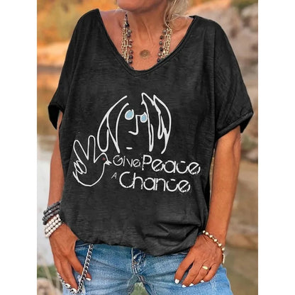 ilstile Hippie Women's V Neck Print T-Shirt Summer Short Sleeve Tops Female clothing Casual Loose Tees