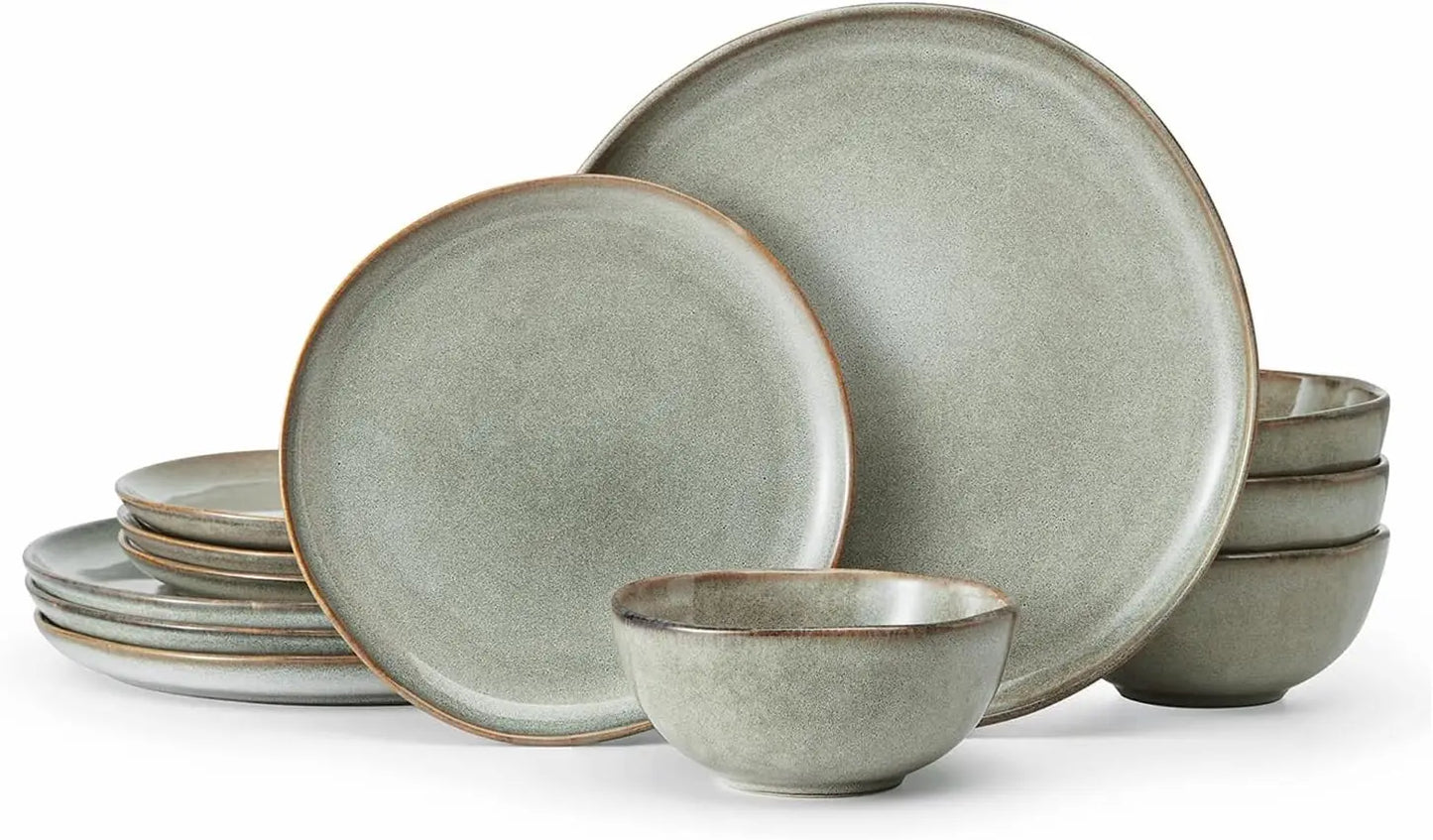 Stoneware Dinnerware Sets for 4, Reactive Glaze Plates and Bowls, Grey | 12-Piece Handcrafted Rustic Porcelain Dishes Set, Highly Scratch Resistant, Dishwasher & Microwave Safe