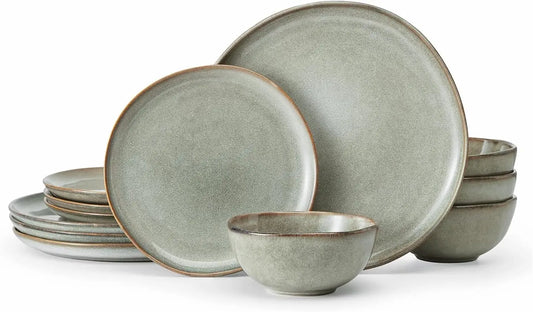 Stoneware Dinnerware Sets for 4, Reactive Glaze Plates and Bowls, Grey | 12-Piece Handcrafted Rustic Porcelain Dishes Set, Highly Scratch Resistant, Dishwasher & Microwave Safe