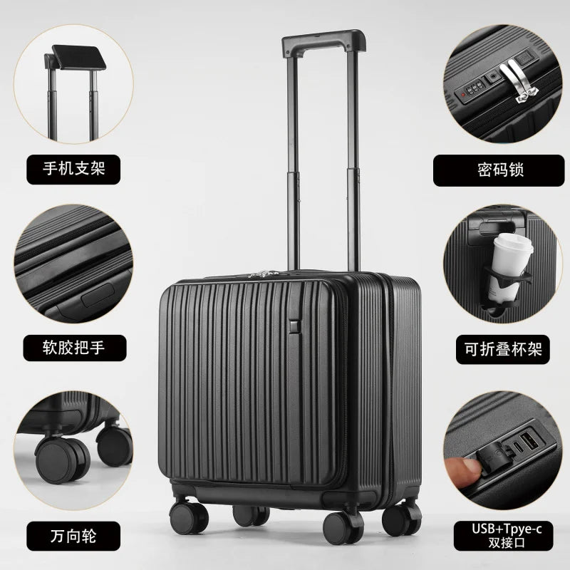 18 Inch Expandable Carry On Luggage Lightweight Front Opening Suitcase Password Lock USB Type C Cup Holder Spinner Wheels Travel