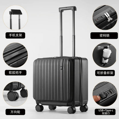 18 Inch Expandable Carry On Luggage Lightweight Front Opening Suitcase Password Lock USB Type C Cup Holder Spinner Wheels Travel