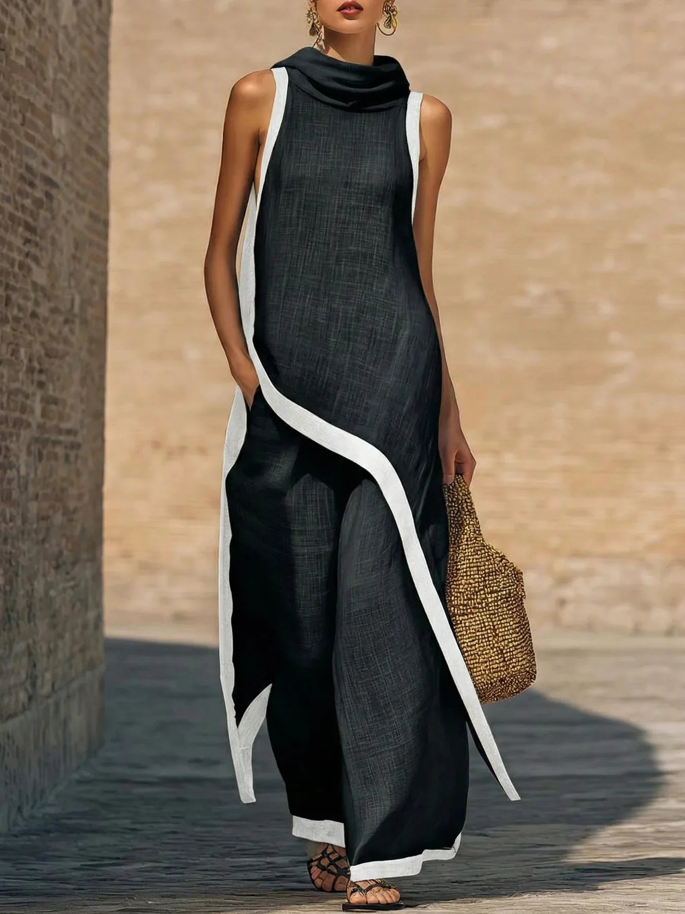 2026 European American Linen Cotton 2 Piece Set Solid Sleeveless Shirt High Waist Long Pants Elegant Casual Outfit