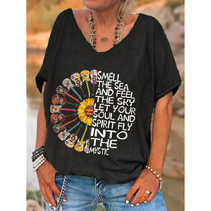 Hippie Classic T-Shirts Women's V Neck T Shirt Short Sleeve Tops Casual Loose Print Tees