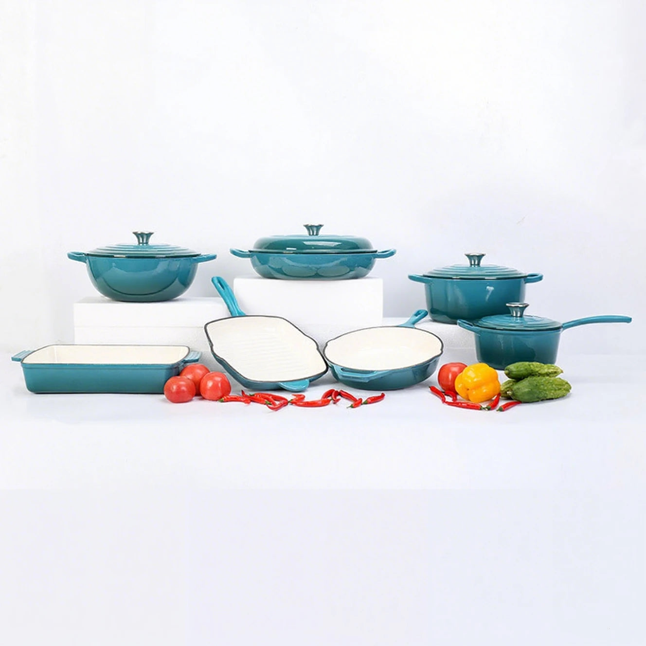 7 Pieces Enamel Cast Iron Cookware Set Gas Induction Cooker Universal Dutch Oven Frying Pan Saucepan Milk Pot Set with Lid