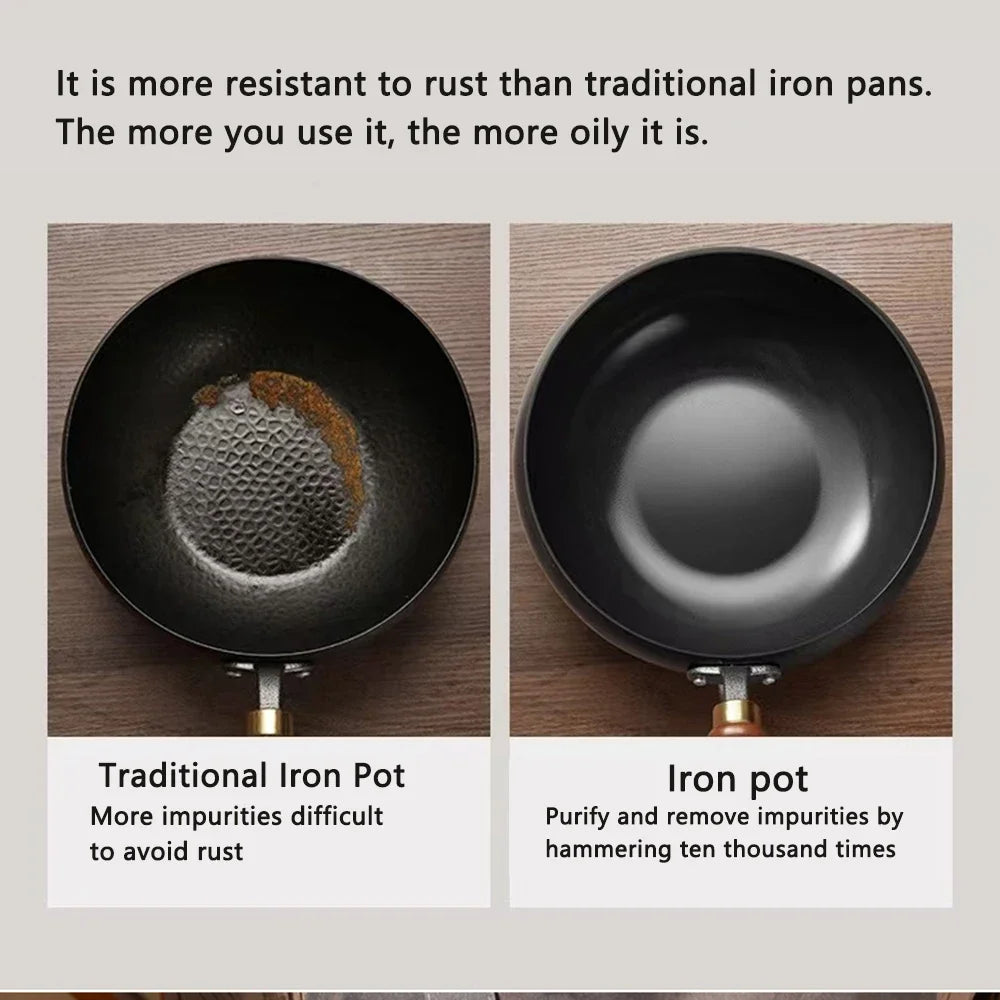 24cm/28cm Non-stick Wok Hand-made Iron Pot with Wooden Lid Multi-function Cooking Pan for Induction Electric Gas All Stoves