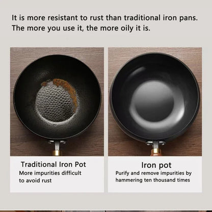 24cm/28cm Non-stick Wok Hand-made Iron Pot with Wooden Lid Multi-function Cooking Pan for Induction Electric Gas All Stoves