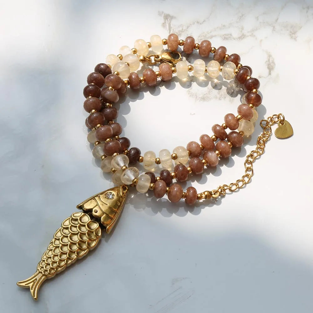Bohemian Style Spring/Summer Colorful Natural Stone Necklace with Stainless Steel Fish Pendant