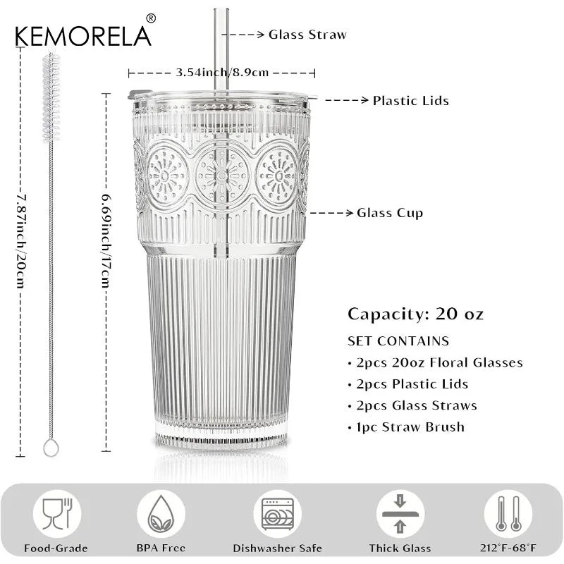 1/2PCS Ribbed &Floral Glass Coffee Cup  with Lids and Straws 590ML for Iced Coffee Smoothies Milk Water Juice and More Drinkware