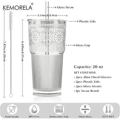 1/2PCS Ribbed &Floral Glass Coffee Cup  with Lids and Straws 590ML for Iced Coffee Smoothies Milk Water Juice and More Drinkware