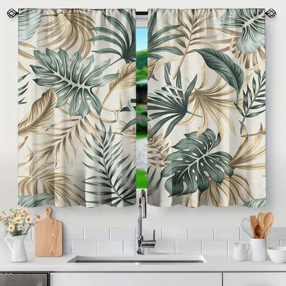2pcs Tropical Leaf Sheer Curtains – Grey Voile Panels with Green & Brown Monstera Print, Nature-Inspired Light Filtering Drapes