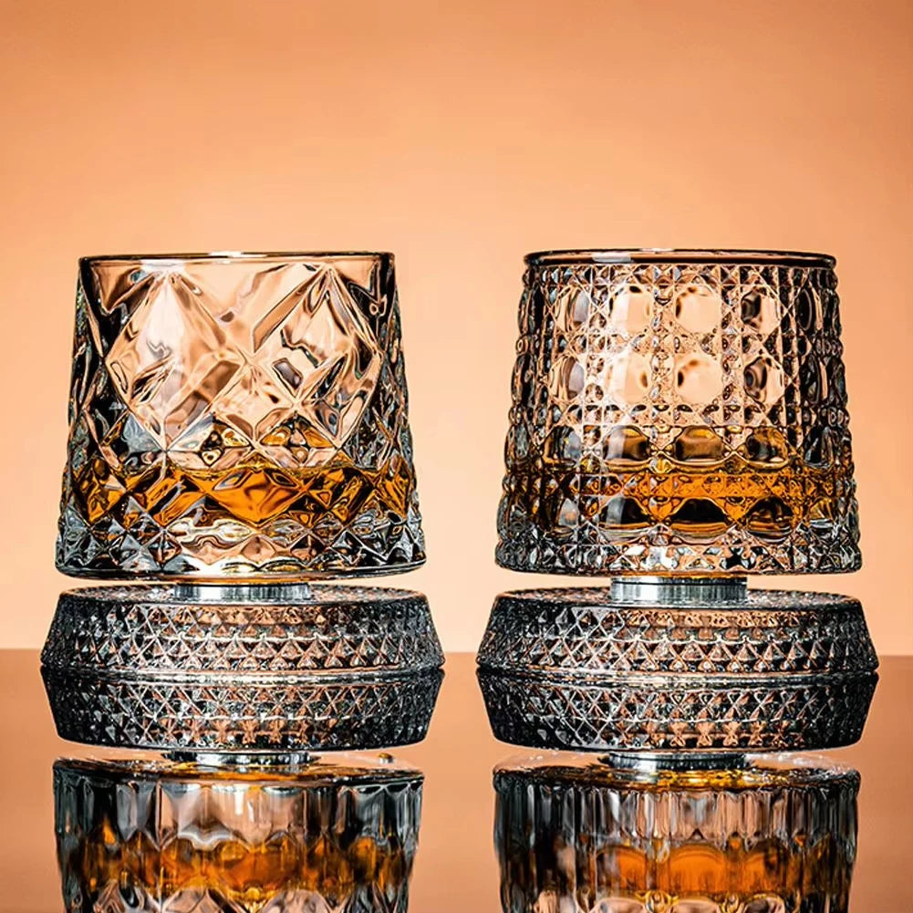 2PCS Whiskey Glasses Rotating Whisky Glass With Glass Base 360 Rotate Degrees Crystal Rum Glass For Cocktail Party Drinking Gift
