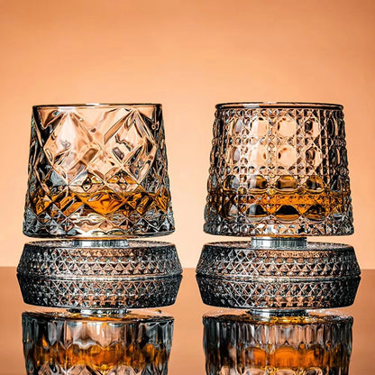 2PCS Whiskey Glasses Rotating Whisky Glass With Glass Base 360 Rotate Degrees Crystal Rum Glass For Cocktail Party Drinking Gift