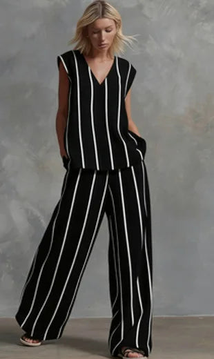 Black White Vertical Striped Loose Top+Wide Leg Pants Two-piece Summer Women's Loose Cotton Linen Trousers Set Костюм Женский