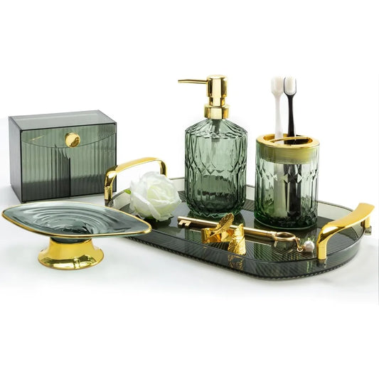 green bathroom accessories set 5 pcs green bathroom decor with decorative vanity tray for boho bathroom decorations soap dispen
