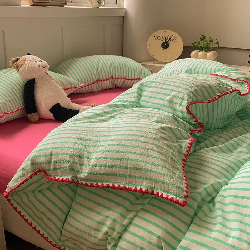 New Shell Edge Pure Cotton Bedding Set Simple Striped Printed Skin Friendly Comforter Cover Sets Washable Non Fading Bed Linens
