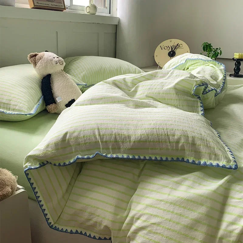 New Shell Edge Pure Cotton Bedding Set Simple Striped Printed Skin Friendly Comforter Cover Sets Washable Non Fading Bed Linens