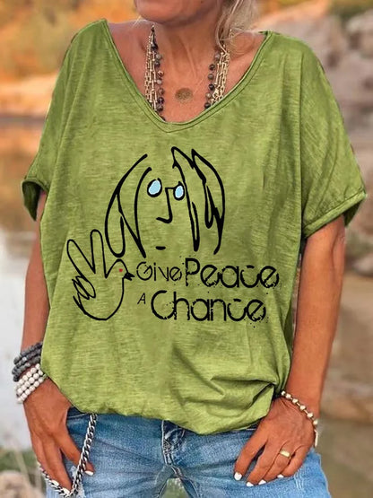 ilstile Hippie Women's V Neck Print T-Shirt Summer Short Sleeve Tops Female clothing Casual Loose Tees