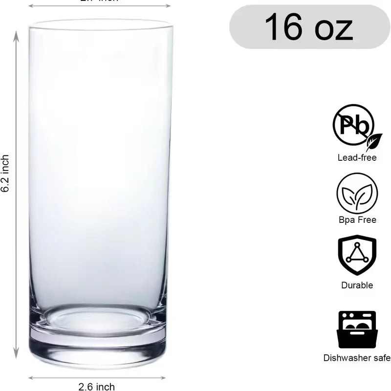 Drinking Glasses Set of 8, 16Oz Crystal Highball Glasses