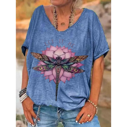 ilstile  Hippie Let It Be Dragonfly Print T-Shirts Women's V Neck T Shirt Short Sleeve Tops Casual Tees Fashion Female clothing