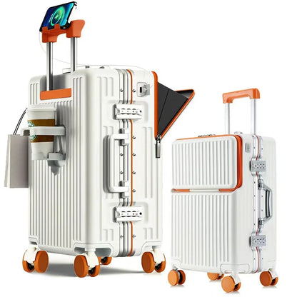 Aluminium Frame Suitcase Front Opening Cabin Luggage with USB Cup Holder