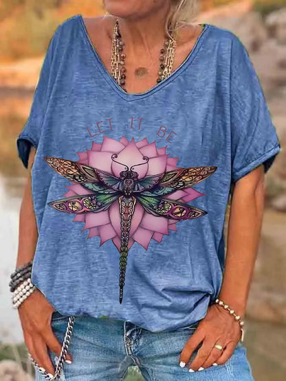 ilstile  Hippie Let It Be Dragonfly Print T-Shirts Women's V Neck T Shirt Short Sleeve Tops Casual Tees Fashion Female clothing