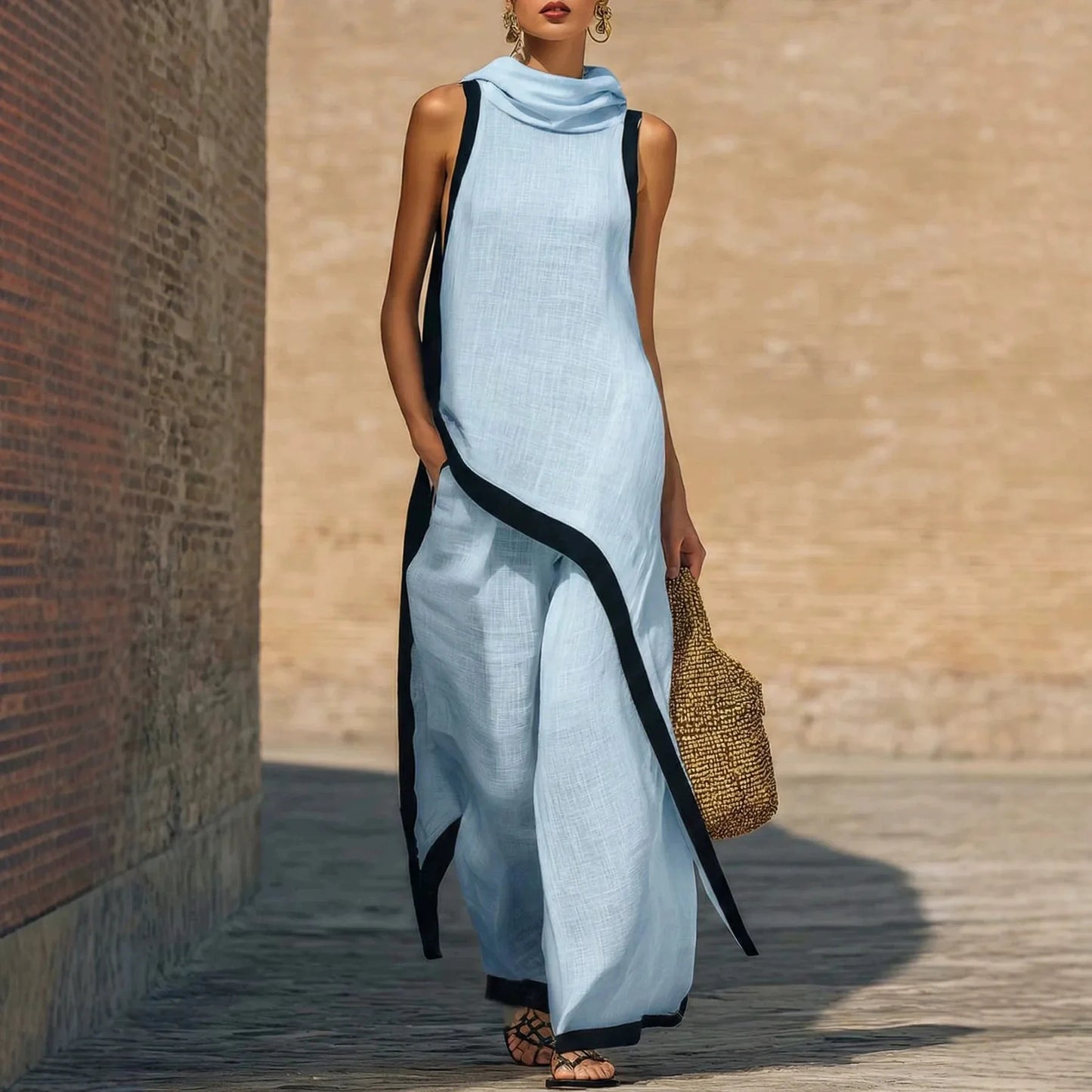 2026 European American Linen Cotton 2 Piece Set Solid Sleeveless Shirt High Waist Long Pants Elegant Casual Outfit