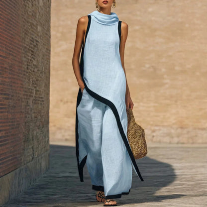 2026 European American Linen Cotton 2 Piece Set Solid Sleeveless Shirt High Waist Long Pants Elegant Casual Outfit
