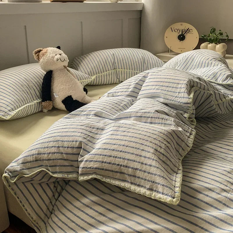 New Shell Edge Pure Cotton Bedding Set Simple Striped Printed Skin Friendly Comforter Cover Sets Washable Non Fading Bed Linens