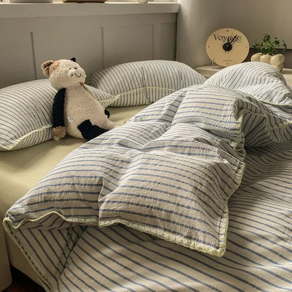 New Shell Edge Pure Cotton Bedding Set Simple Striped Printed Skin Friendly Comforter Cover Sets Washable Non Fading Bed Linens