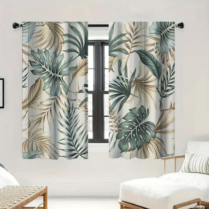 2pcs Tropical Leaf Sheer Curtains – Grey Voile Panels with Green & Brown Monstera Print, Nature-Inspired Light Filtering Drapes