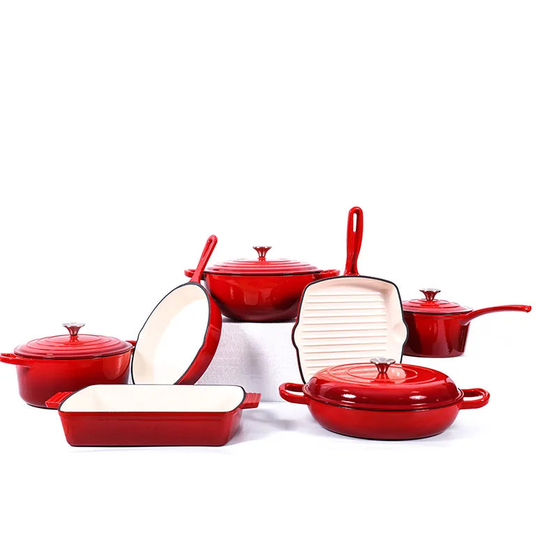 7 Pieces Enamel Cast Iron Cookware Set Gas Induction Cooker Universal Dutch Oven Frying Pan Saucepan Milk Pot Set with Lid