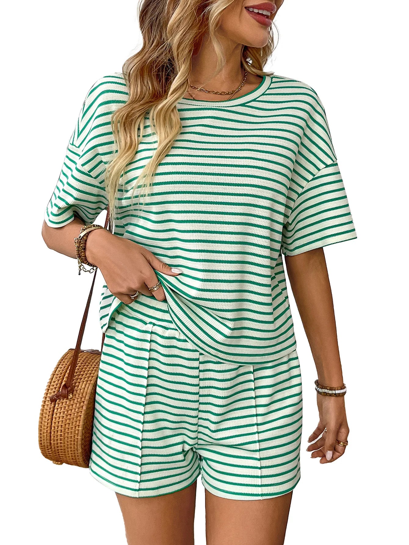 Women Two Piece Short Sets Round Neck Casual Loose Striped Short Sets Knit Elastic Waist