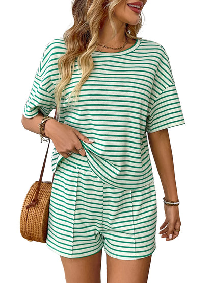 Women Two Piece Short Sets Round Neck Casual Loose Striped Short Sets Knit Elastic Waist